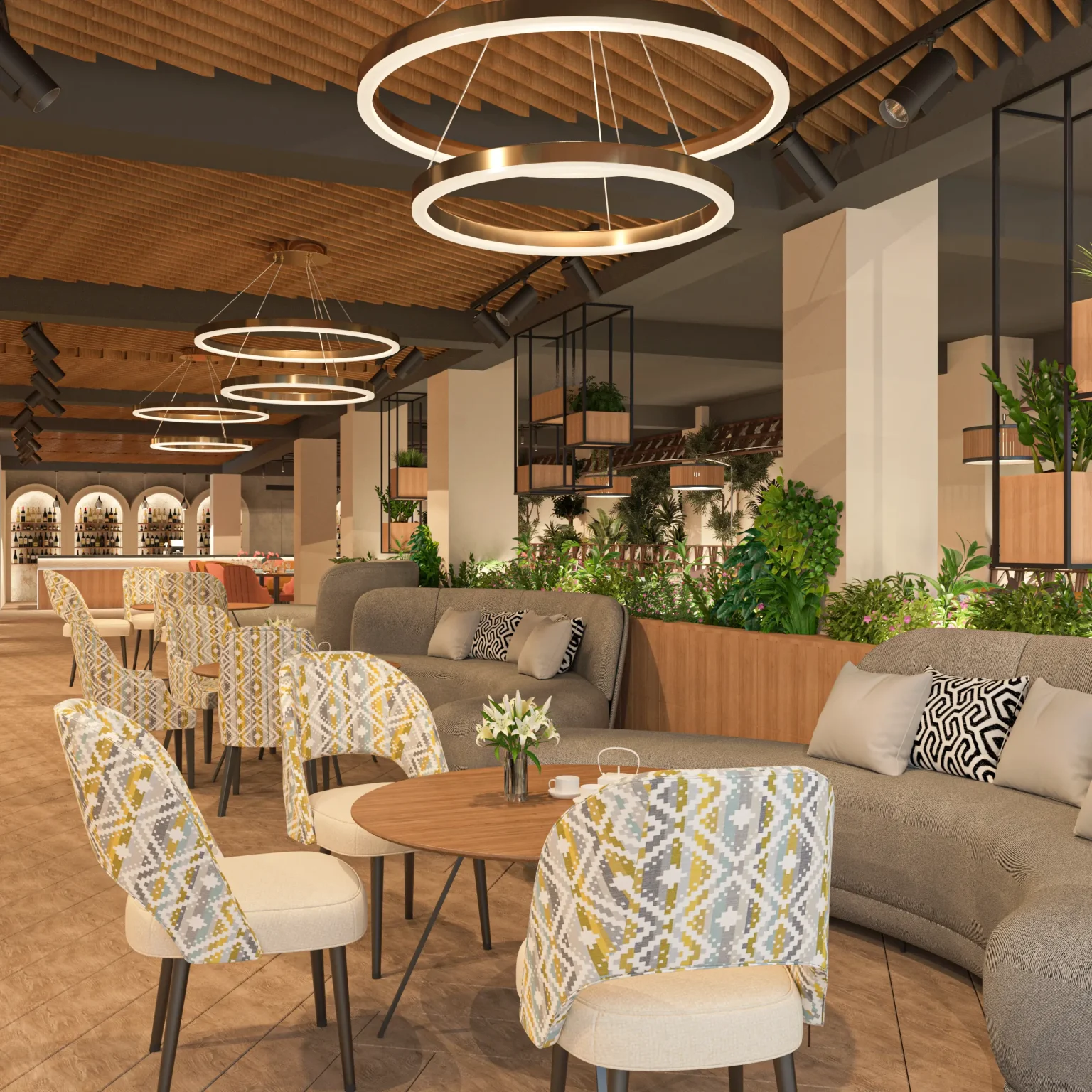 restaurant seating layout and lighting – Grand Table by Idealist