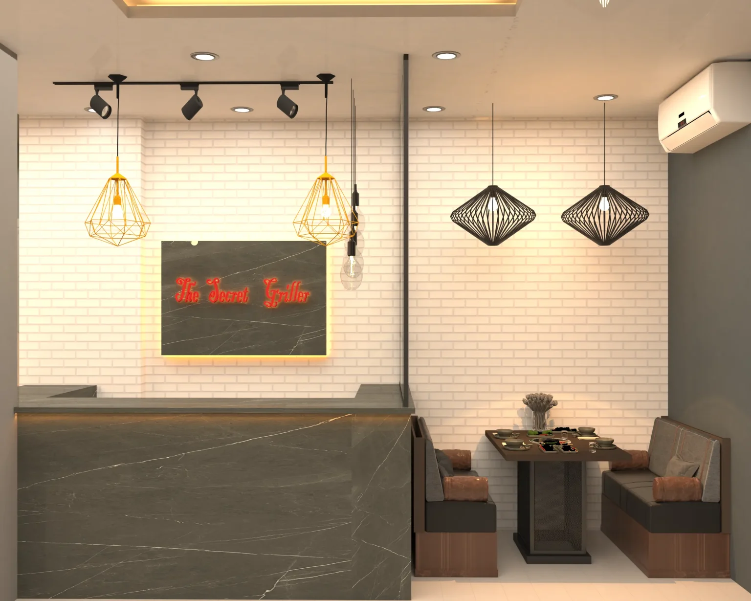 The Secret Griller restaurant interior in Chattogram – reception and booth seating by Idealist